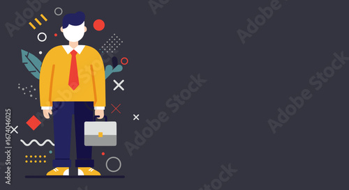 Flat design illustration of a professional businessman holding a briefcase, surrounded by abstract geometric shapes. Ideal for corporate, career, and modern business concepts.