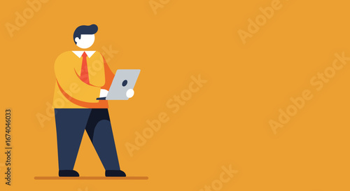 Professional illustration of a man using a laptop on a vibrant orange background, perfect for themes of business, technology, digital communication, and online work.