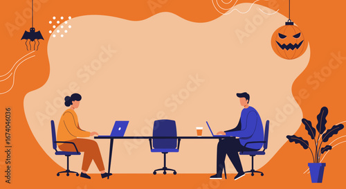 Colleagues working on laptops in a modern office decorated for Halloween. Perfect for seasonal business, remote work, or festive workplace culture concepts.