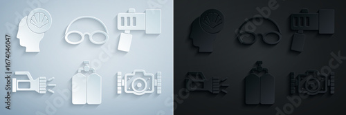 Set Aqualung, Flashlight, Photo camera, Glasses and cap and Scallop sea shell icon. Vector
