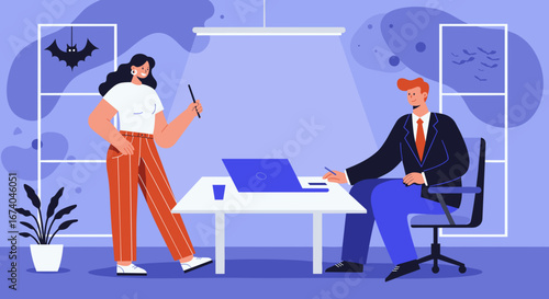 Two business professionals collaborating in a modern office. A woman presents ideas while a man listens, showcasing teamwork and effective communication.