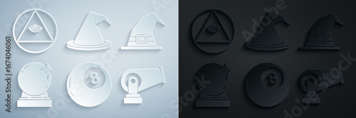 Set Magic ball of predictions, Witch hat, Cannon, and Masons icon. Vector