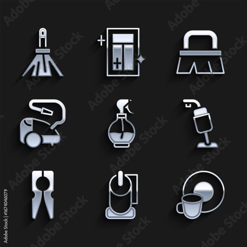 Set Water spray bottle, Toilet paper roll, Washing dishes, Vacuum cleaner, Clothes pin, Brush for cleaning and Handle broom icon. Vector
