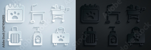 Set Pet shampoo, stroller, carry case, first aid kit, grooming table and Calendar icon. Vector