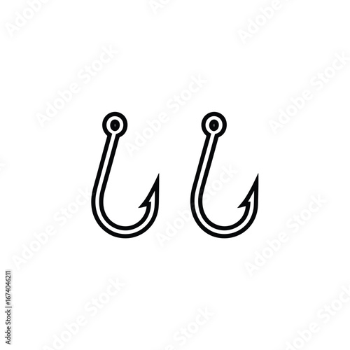 Two simple black and white fishing hooks facing each other on a white background