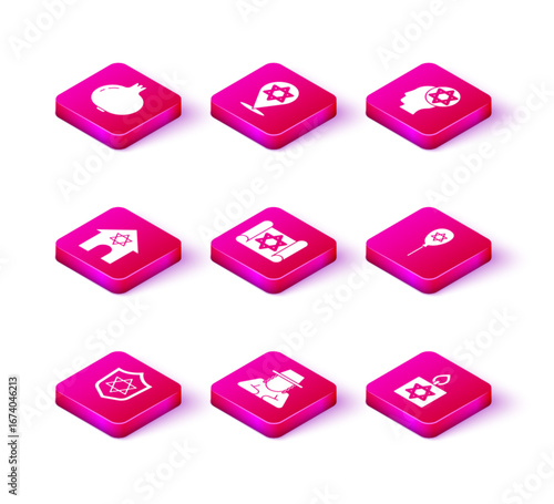 Set Shield with Star of David, Orthodox jewish hat, Jewish synagogue, Torah scroll, Burning candle, Balloon star david, and icon. Vector
