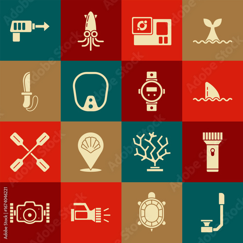 Set Snorkel, Flashlight, Shark fin in ocean wave, Action camera, Diving mask, Knife, Fishing harpoon and watch icon. Vector