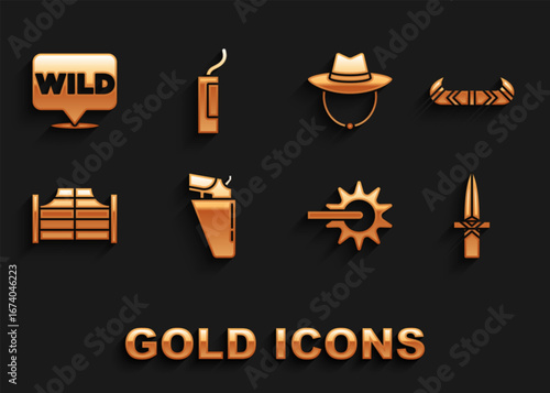 Set Revolver gun in holster, Kayak or canoe and paddle, Dagger, Spur, Saloon door, Western cowboy hat, Pointer to wild west and Dynamite bomb icon. Vector