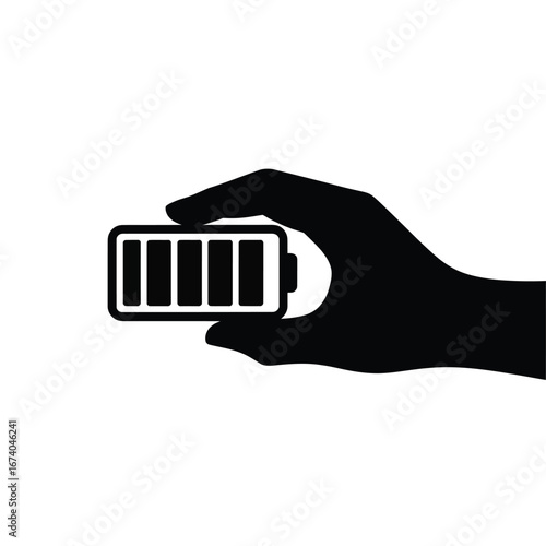 Black silhouette of a hand holding a full battery icon