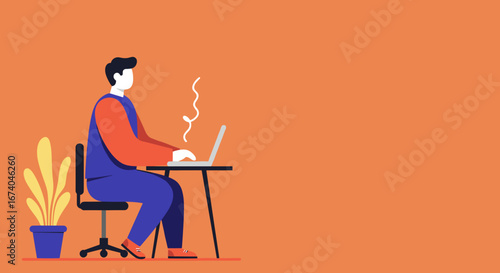 Man working diligently on a laptop at a desk with a plant, representing remote work, online learning, or productivity in a modern office or home setting.