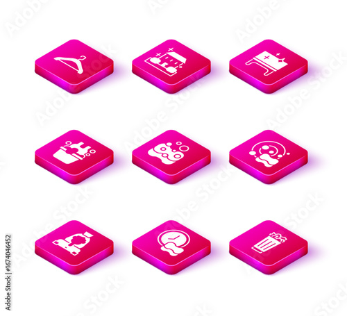 Set Cleaning lady service, Washing dishes, Basin with soap suds, Sponge, Full trash can, table and Home cleaning icon. Vector