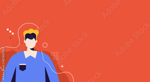 Modern illustration of a confident man with yellow hair and blue shirt on a vibrant red background with abstract shapes, suitable for business, lifestyle, or social media content.