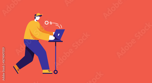 Dynamic illustration of a person working remotely on a laptop, emphasizing mobile connectivity and modern productivity for business and lifestyle.