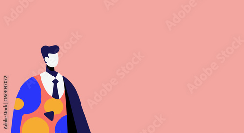 Modern flat design illustration of a professional businessman with a colorful, abstract pattern. Ideal for concepts of creativity, innovation, and individuality in business.