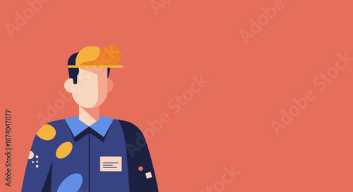 Minimalist illustration of a worker in a blue uniform and cap on a solid background, symbolizing service, industry, or corporate staff. Copy space.