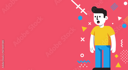 Surprised cartoon man with open mouth against a vibrant pink background adorned with abstract geometric shapes, perfect for expressing shock or discovery.