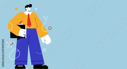 Professional businessman illustration holding a folder, representing corporate success, modern work, and organized concepts on a clean blue background.