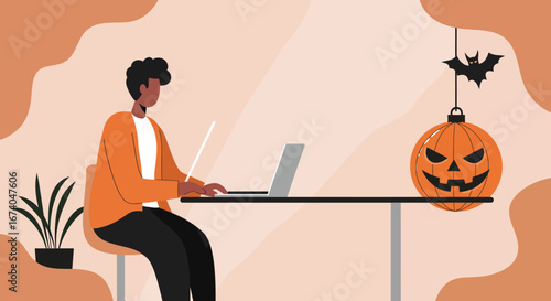 Person working on a laptop at a desk, surrounded by festive Halloween decorations like a jack-o'-lantern and bat. Modern illustration representing seasonal remote work or study.