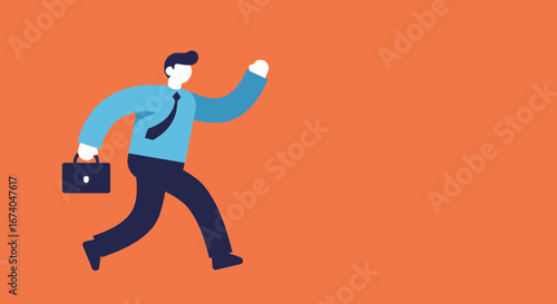 Businessman with a briefcase walking briskly, symbolizing ambition, career progression, and a dynamic professional life on an orange background.