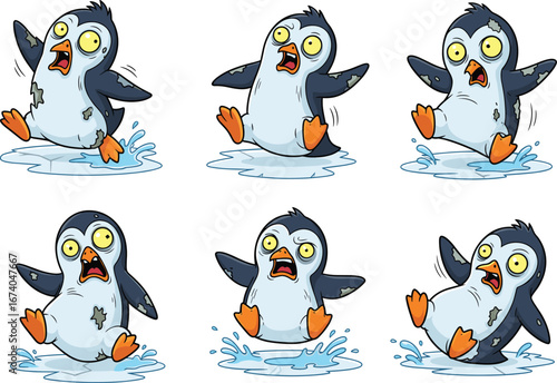 Funny cartoon zombie penguins vector set, cute undead arctic bird characters slipping on ice, horror-themed illustration perfect for stickers, games, and animations.