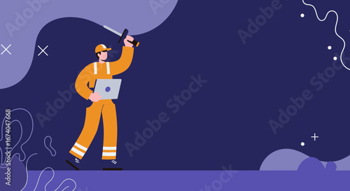 A determined worker in uniform holds a laptop and a sword, symbolizing modern problem-solving and readiness to overcome challenges in business and technology.