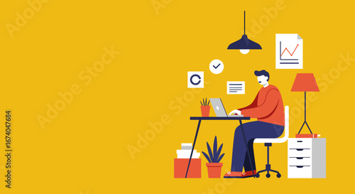 Professional man working remotely on a laptop in a modern home office. Ideal for concepts of productivity, freelance work, online business, and digital lifestyle.