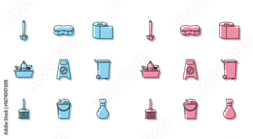 Set line Handle broom, Bucket with foam bubbles, Toilet brush, Garbage bag, Wet floor cleaning in progress, Trash can, Plastic bottles for liquid dishwashing liquid and Sponge icon. Vector