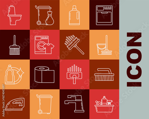 Set line Plastic bottles for liquid dishwashing liquid, Brush cleaning, Mop and bucket, Washer t-shirt, Handle broom, Toilet bowl and Squeegee, scraper, wiper icon. Vector