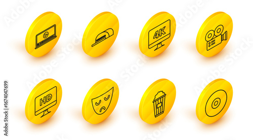 Set line CD or DVD disk, Popcorn in cardboard box, Drama theatrical mask, Computer PC monitor with HD video technology, Cinema camera, 4k, Cap inscription director and Online play icon. Vector