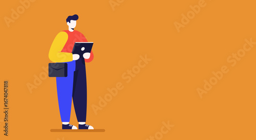 Young man in casual clothes uses a digital tablet, symbolizing modern communication, education, and mobile technology. Ideal for business, lifestyle, and online learning concepts.
