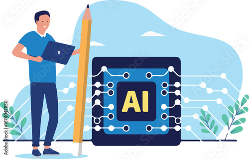 AI writer - Man with laptop computer writing content with the help of artificial intelligence technology service while holding pencil and smiling. Flat design vector illustration with white background