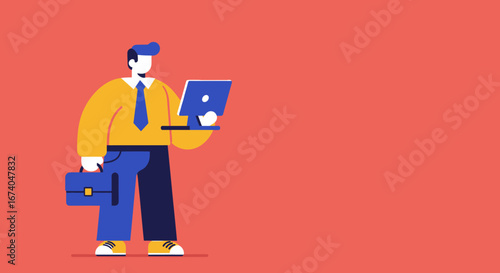 Modern flat illustration of a professional man with a laptop and briefcase, symbolizing business, technology, and a connected lifestyle.