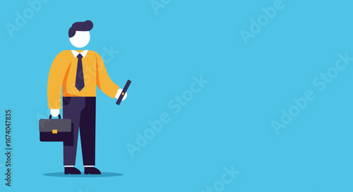 Professional flat design illustration of a businessman holding a smartphone and briefcase, symbolizing modern communication, career, and technology use.