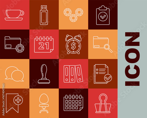 Set line Binder clip, Document and check mark, Search concept with folder, Gear, Calendar, Folder settings gears, Coffee cup flat and Alarm clock dollar symbol icon. Vector