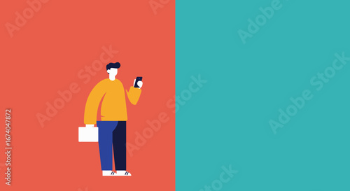 Vector illustration of a modern man holding a smartphone and briefcase against a split-color background, representing business, communication, and connectivity.