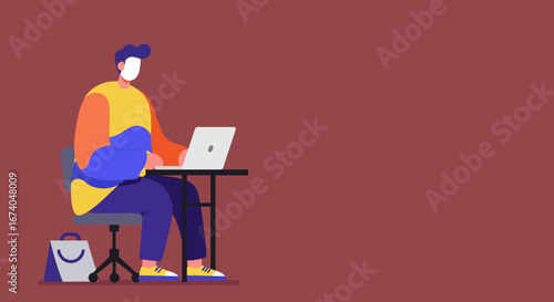 Stylish flat illustration of a person working remotely on a laptop with a shopping bag nearby, representing online activity, e-commerce, and modern digital lifestyle.