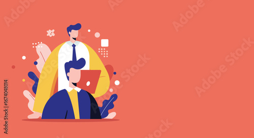 Two professional men collaborating in a modern digital workspace, ideal for business, technology, and remote work concepts, highlighting teamwork and efficiency.