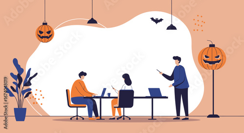 Team collaboration in a festive office setting decorated for Halloween, perfect for seasonal business themes and workplace celebrations.
