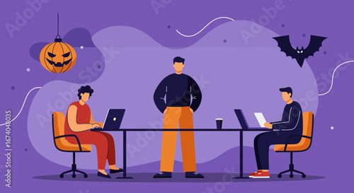 Team of business professionals working together in an office decorated for Halloween, combining productivity with festive spirit. Ideal for seasonal business themes.