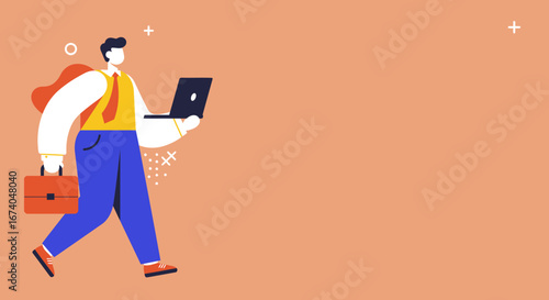A stylized businessman walks confidently, holding a laptop and briefcase, symbolizing modern work, mobility, and productivity. Ideal for business and technology themes.