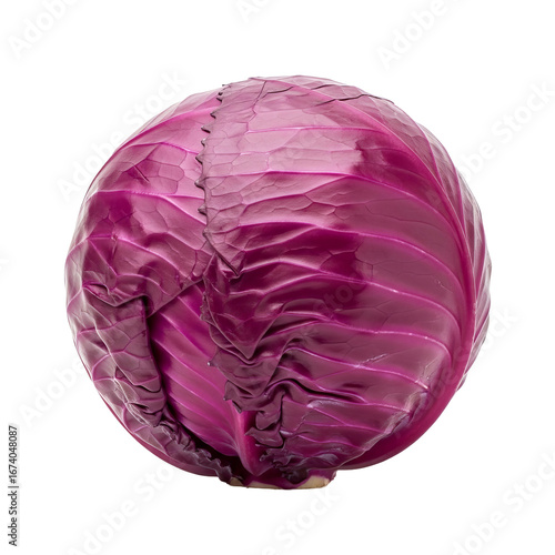 A red cabbage shows vibrant texture and color against a isolated background, displaying its tightly packed leaves.