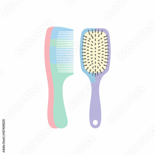 Pastel pink blue green comb and purple paddle brush hair care tools vector illustration.