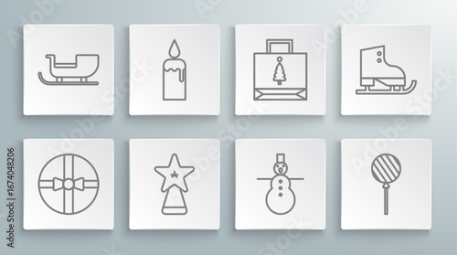 Set line Gift box, Burning candle in candlestick, Christmas star, snowman, Lollipop, paper shopping bag, Figure skates and santa claus sleigh icon. Vector