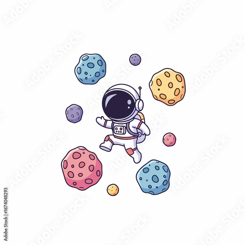 Cute cartoon astronaut in a white spacesuit waving while floating among colorful asteroids.