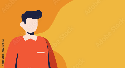 Stylized flat design illustration of a man in a red shirt against a vibrant orange and yellow background. Ideal for business, technology, or profile concepts.