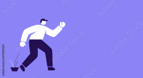 Modern vector illustration of a person walking forward on a purple background with a plant, representing progress, new beginnings, business drive, or an active lifestyle. Clean design.