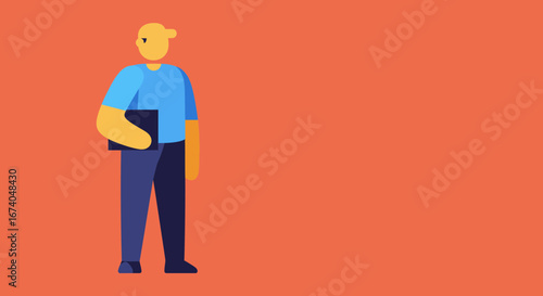 Flat design illustration of a person in casual wear, holding a document or device. Perfect for concepts of education, professional learning, or a modern lifestyle.
