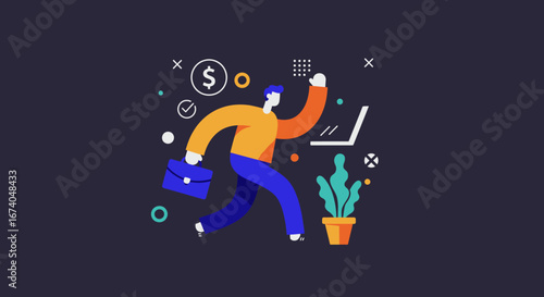 Modern illustration of a businessman running with a briefcase, representing productivity, career growth, and digital work in a dynamic corporate environment.