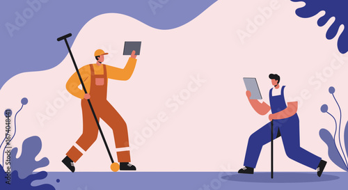 Professional male workers in overalls using modern digital tablets and cleaning tools, symbolizing efficient service and labor management.