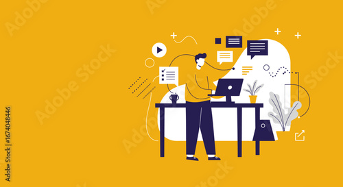 Man working on a laptop, managing tasks, and communicating online. Represents remote work, digital productivity, and business solutions.
